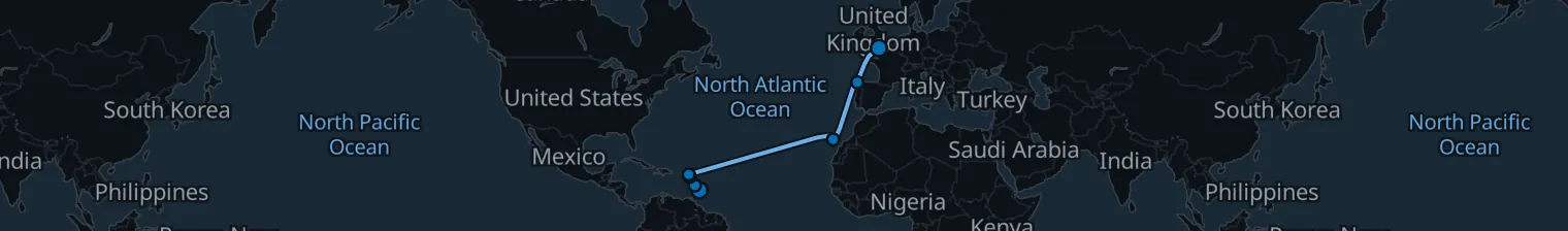 Route map of Tobago to Thames – Sugar Islands & Atlantic Cross