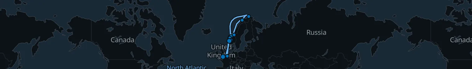 Route map of Aurora’s Veil – Norwegian Fjords & Arctic Glow