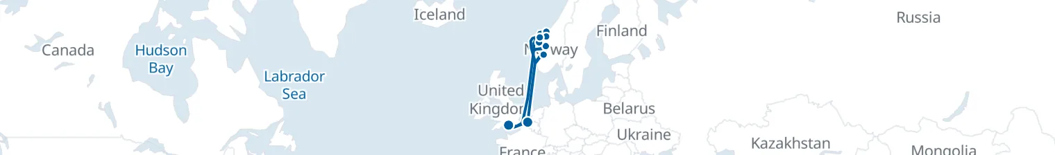 Route map of Fjordlight Odyssey – Norwegian Coast & Bruges