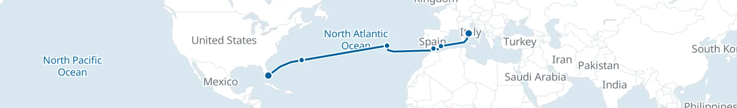 Route map of Transatlantic Tide – Rome from Fort Lauderdale