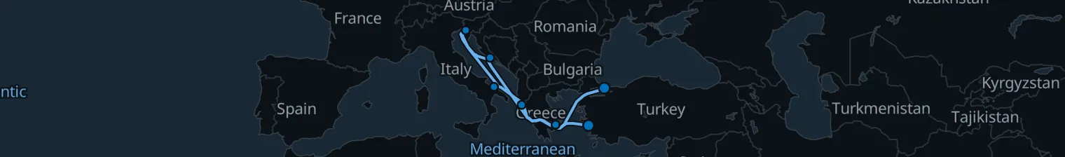 Route map of Sunstone Passage – Athens, Split & Corfu