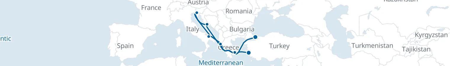 Route map of Sunstone Passage – Athens, Split & Corfu