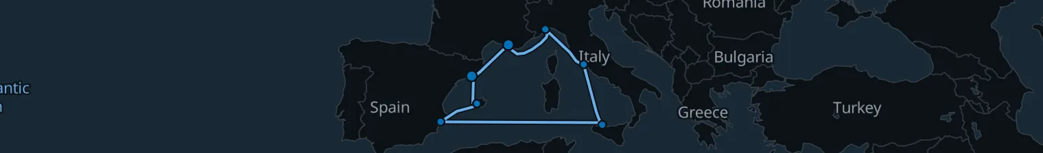 Route map of Sun-Bleached Stone – Mallorca, Sicily & Rome