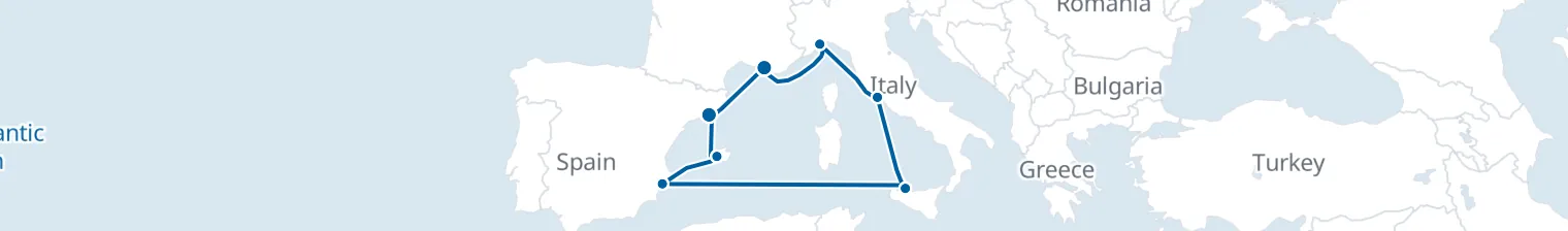 Route map of Sun-Bleached Stone – Mallorca, Sicily & Rome