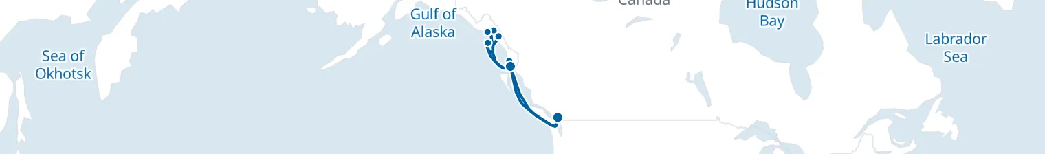 Route map of Tidewater Labyrinth – Vancouver & Alaska’s Wild Coast