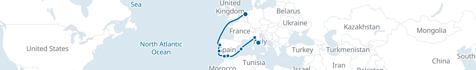 Route map of Silk Road Shores – Amsterdam to Rome