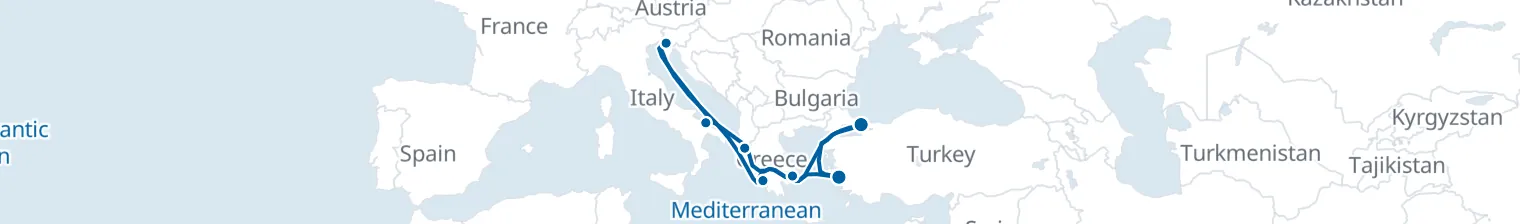Route map of Byzantine Echoes – Athens, Corfu & Trieste