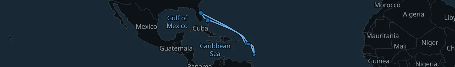 Route map of Caribbean Escape – St. Kitts & Barbados