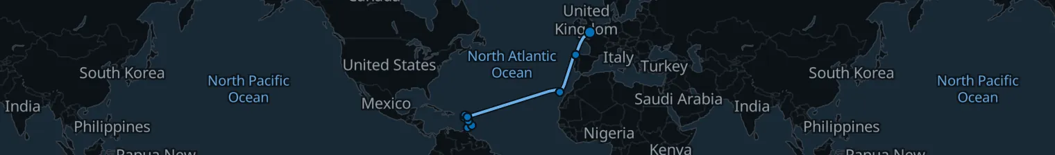 Route map of Island Tide & Atlantic Crossing – Caribbean to Iberia