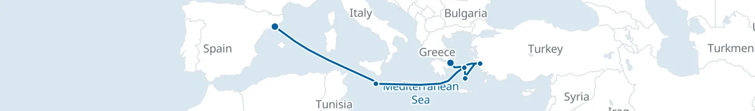 Route map of Ionian & Adriatic Whisper – Mykonos & Santorini