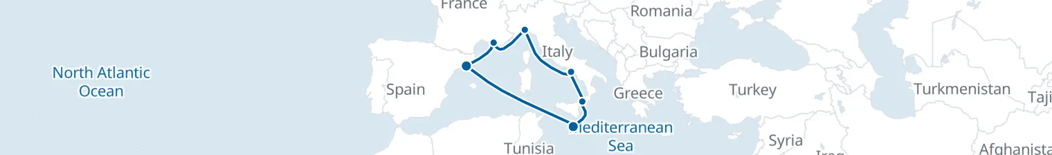 Route map of Volcanic Wake – Naples, Messina & Valletta