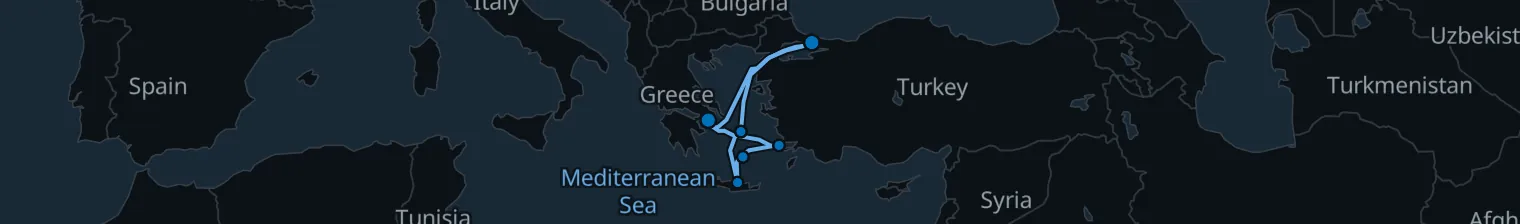 Route map of Whitewashed Caldera – Santorini & Athens