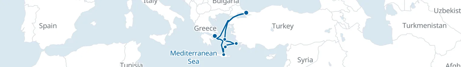 Route map of Whitewashed Caldera – Santorini & Athens