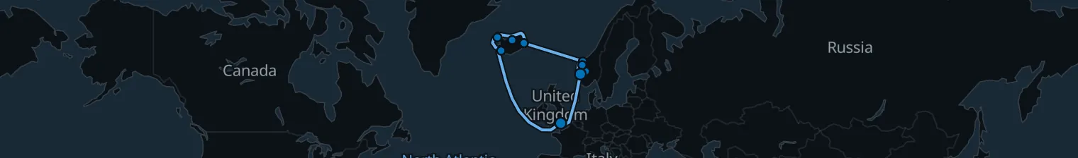 Route map of Northern Lights Lapse – Iceland’s Fjords & Norway’s Coast