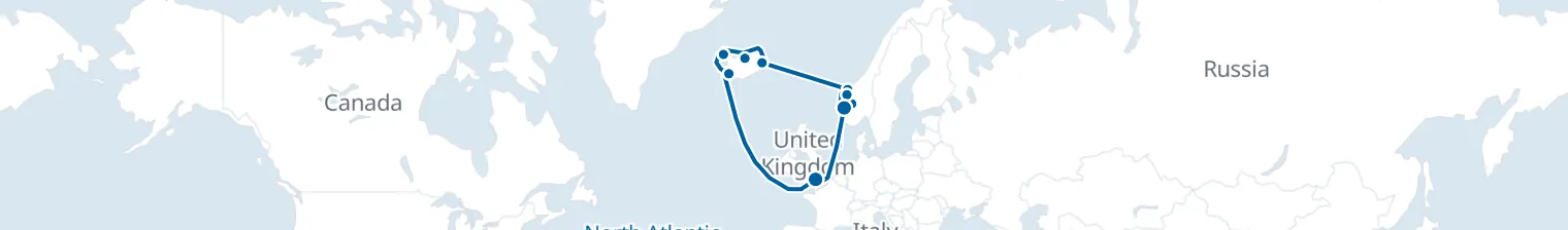 Route map of Northern Lights Lapse – Iceland’s Fjords & Norway’s Coast