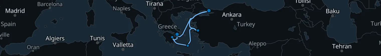 Route map of Pumice & Marble – Santorini & Athens