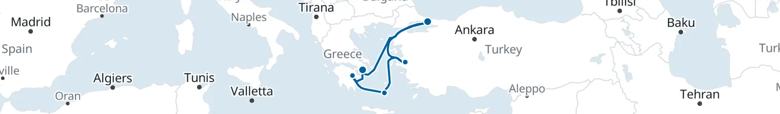 Route map of Pumice & Marble – Santorini & Athens