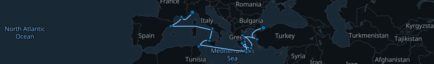 Route map of Sun-Bleached Antiquity – Athens, Tunis & Naples