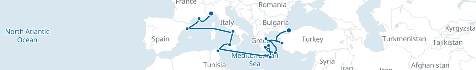 Route map of Sun-Bleached Antiquity – Athens, Tunis & Naples