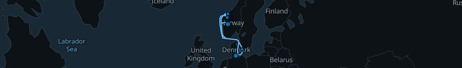Route map of Fjord Reflections – Copenhagen & Flåm