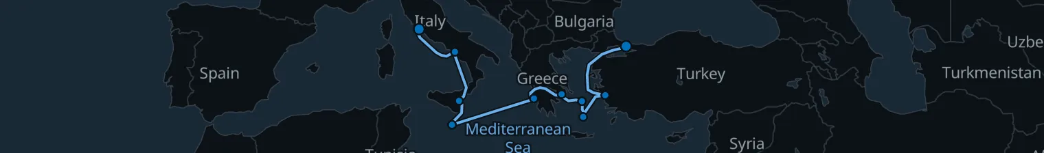 Route map of Sultan’s Spice & Sapphire – Aegean to Rome