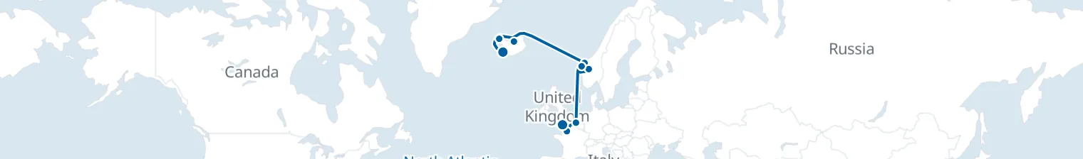 Route map of Frostfire Passage – Reykjavik to Paris