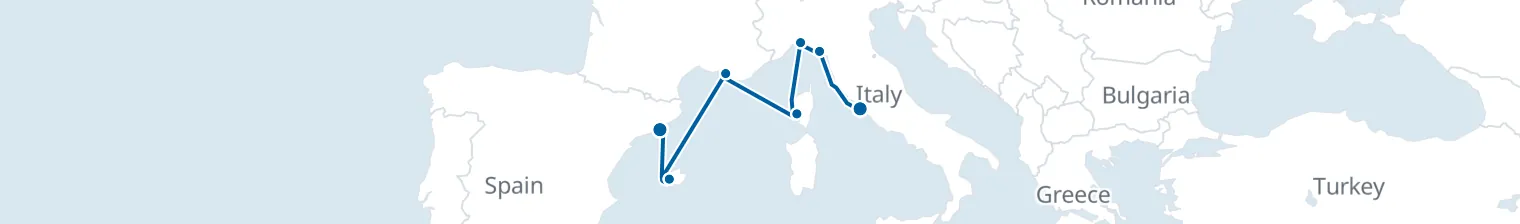Route map of Sun-Drenched Riviera – Palma, Marseille & Florence