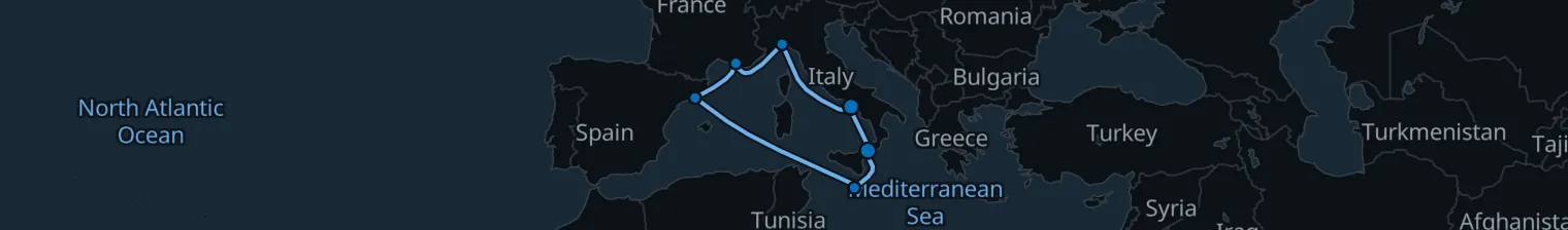 Route map of Strait of Scylla – Valletta & Barcelona