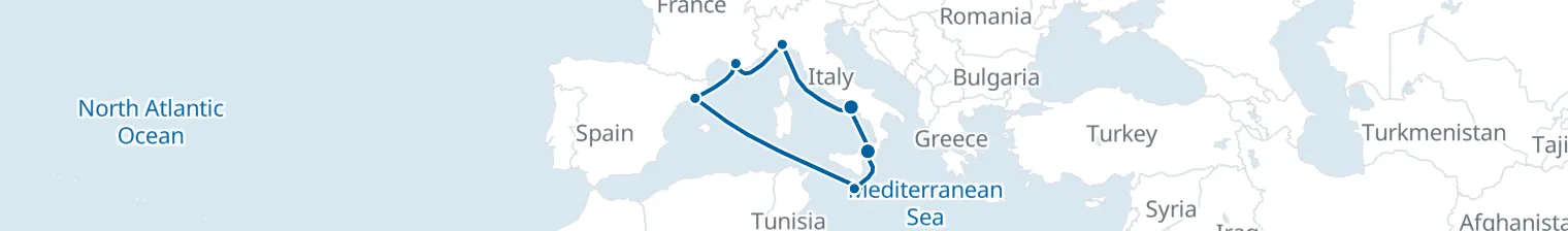 Route map of Strait of Scylla – Valletta & Barcelona