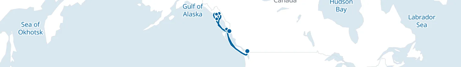 Route map of Glacier’s Veil – Inside Passage & Alaska’s Wild Coast
