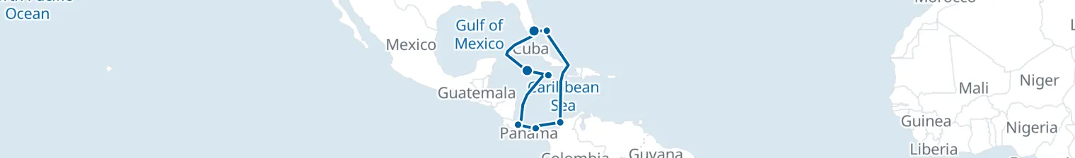 Route map of Panama Canal Passage – Cartagena & Costa Rica