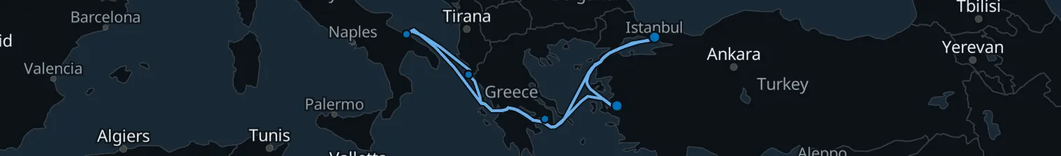 Route map of Lavender Lullaby – Corfu & Athens