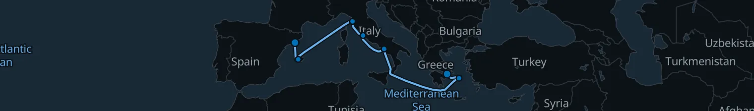 Route map of Olive & Limestone – Aegean to Catalan