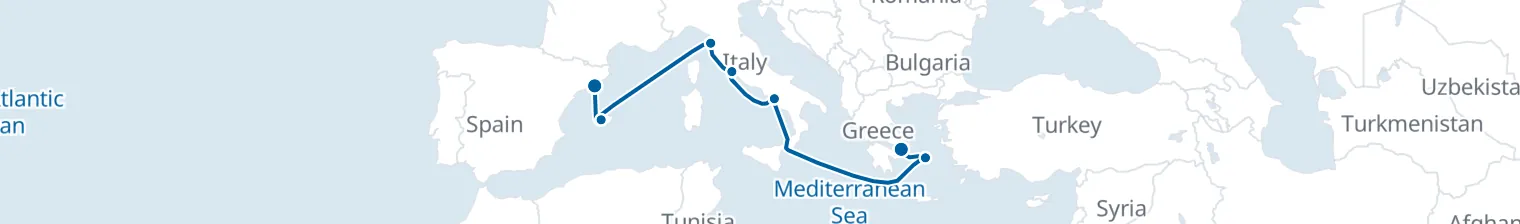 Route map of Olive & Limestone – Aegean to Catalan