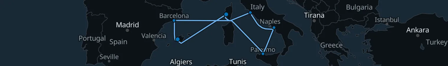 Route map of 9 nights - Italy's sunny sides - from/to Palma