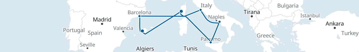 Route map of 9 nights - Italy's sunny sides - from/to Palma