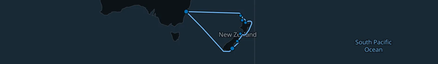 Route map of Southern Crossfire – Sydney & New Zealand