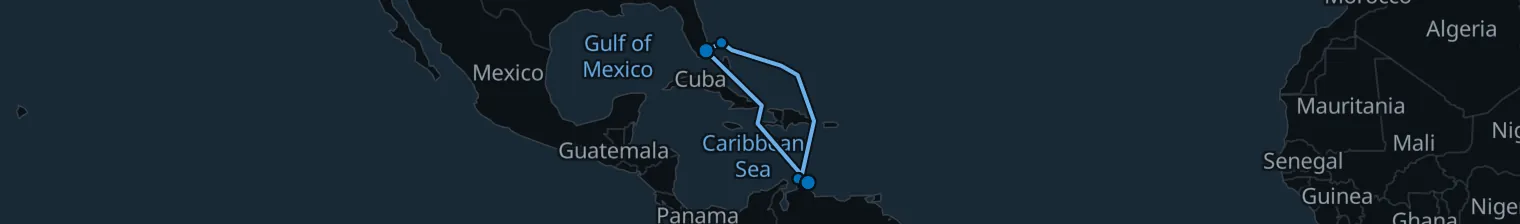 Route map of Exotic Odyssey – Aruba & Bahamas