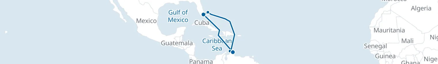 Route map of Exotic Odyssey – Aruba & Bahamas
