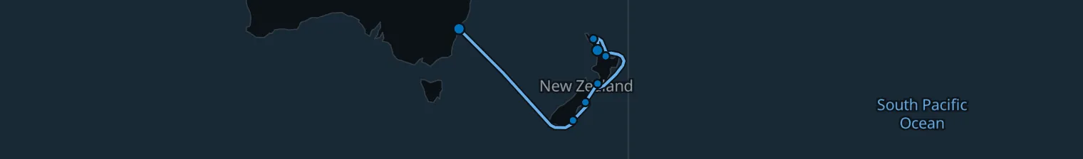 Route map of Tasman Tidecall – Sydney to Auckland
