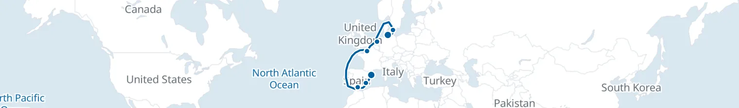 Route map of North to South Sojourn – Copenhagen, Amsterdam & Barcelona