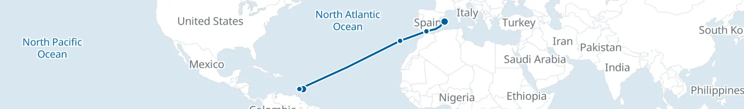 Route map of 14 nights - Time Out on the Atlantic - from Bridgetown/to Palma