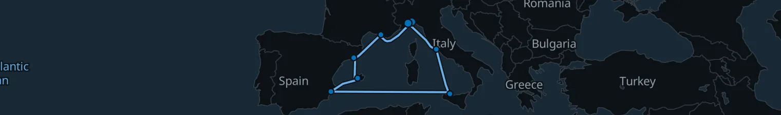 Route map of Sun-Drenched Terracottas – Marseille, Barcelona & Rome