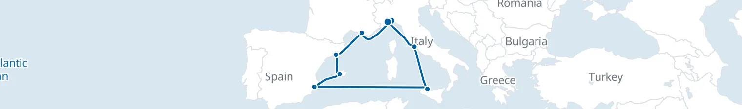 Route map of Sun-Drenched Terracottas – Marseille, Barcelona & Rome