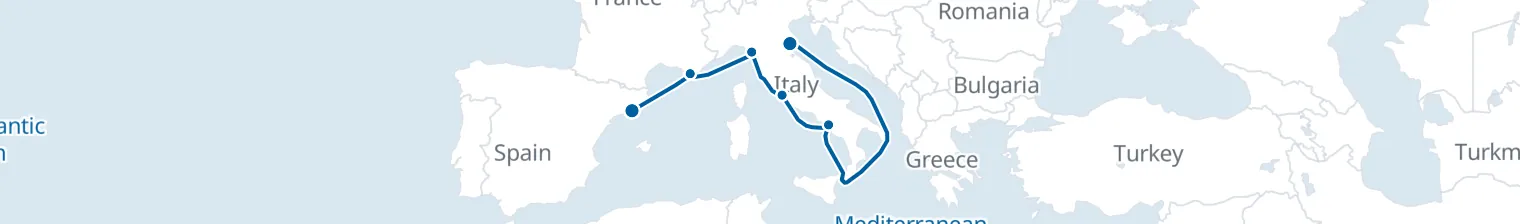 Route map of Sapphire Shore Drift – Catalan Coast to Ravenna