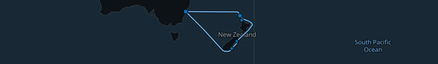 Route map of Southern Hemisphere Current – Sydney & New Zealand’s Wild Coast