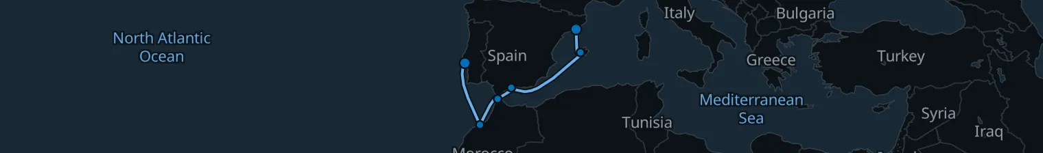 Route map of Sunbaked Shore Drift – Lisbon to Barcelona
