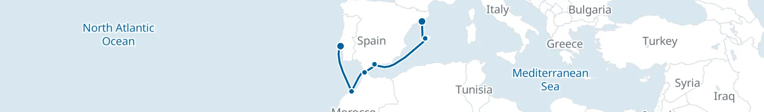 Route map of Sunbaked Shore Drift – Lisbon to Barcelona