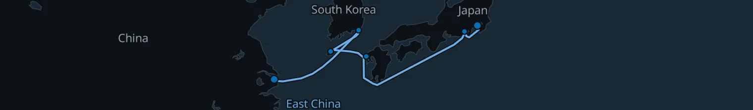 Route map of Tideborn Silk – Yokohama to Shanghai