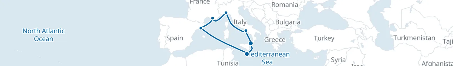 Route map of Sicilian Sunburst – Valletta to Barcelona